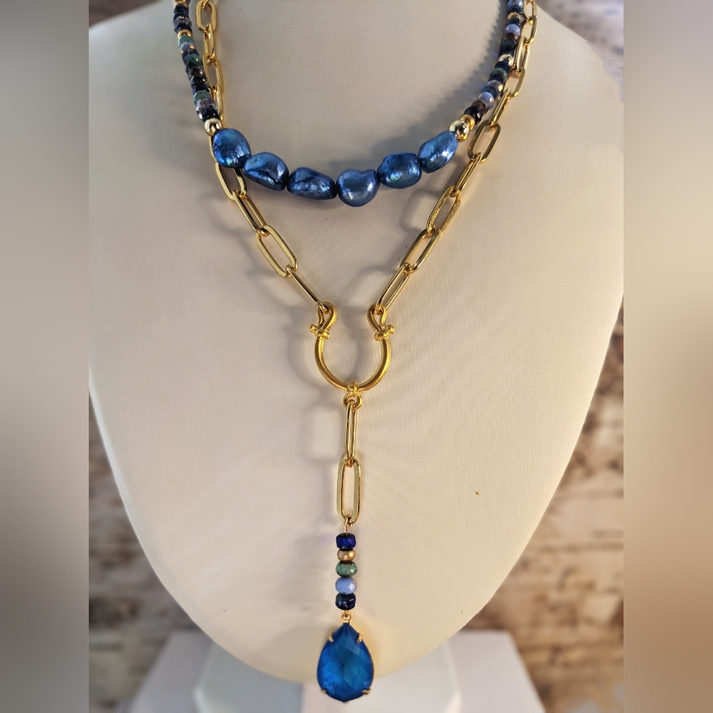 Blue Glass Czech Beads & Crystal Pendant In Two Strand Paperclip Necklace